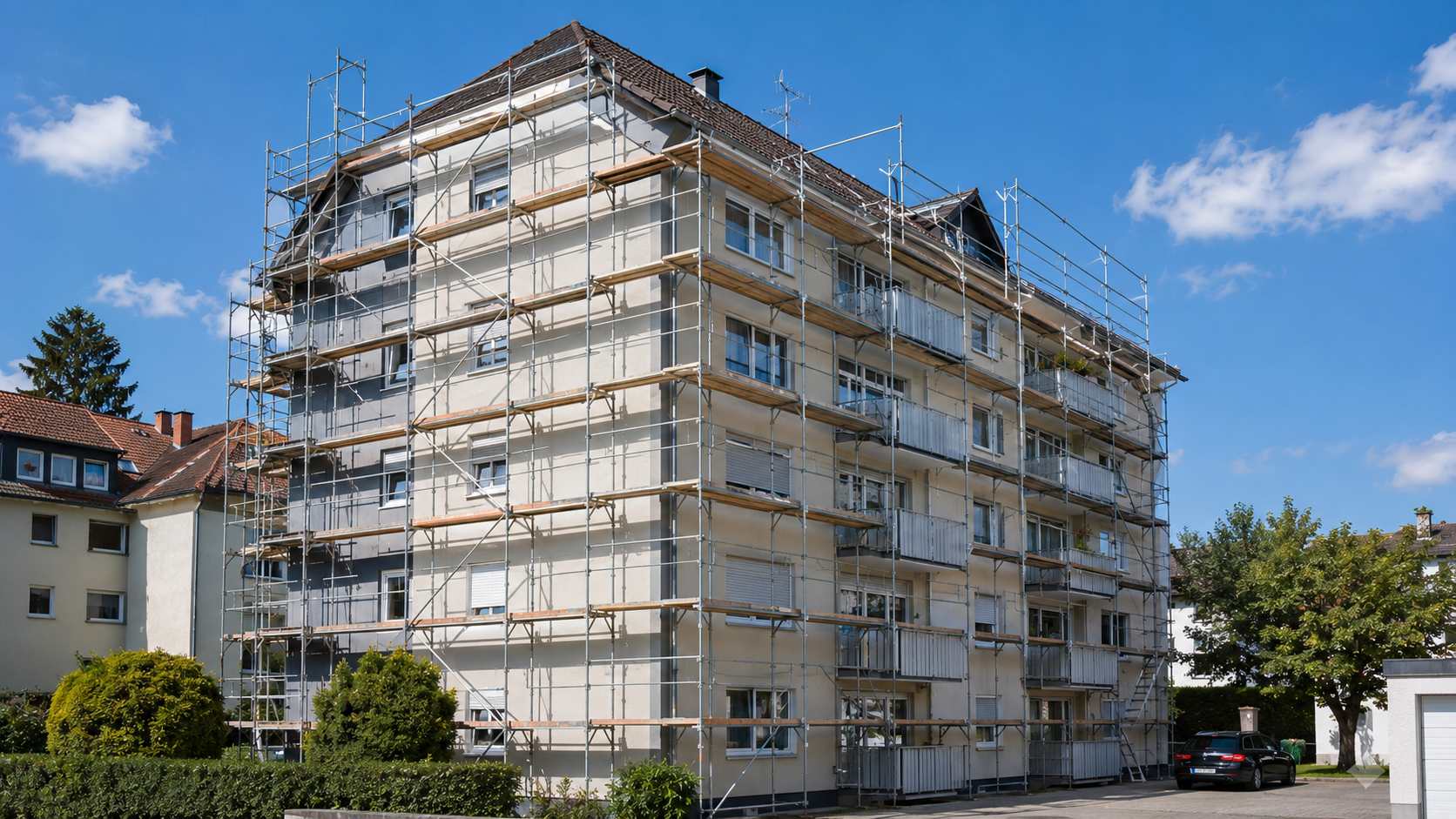 Eingerüstetes Wohnhaus in Sindelfingen während einer Sanierung